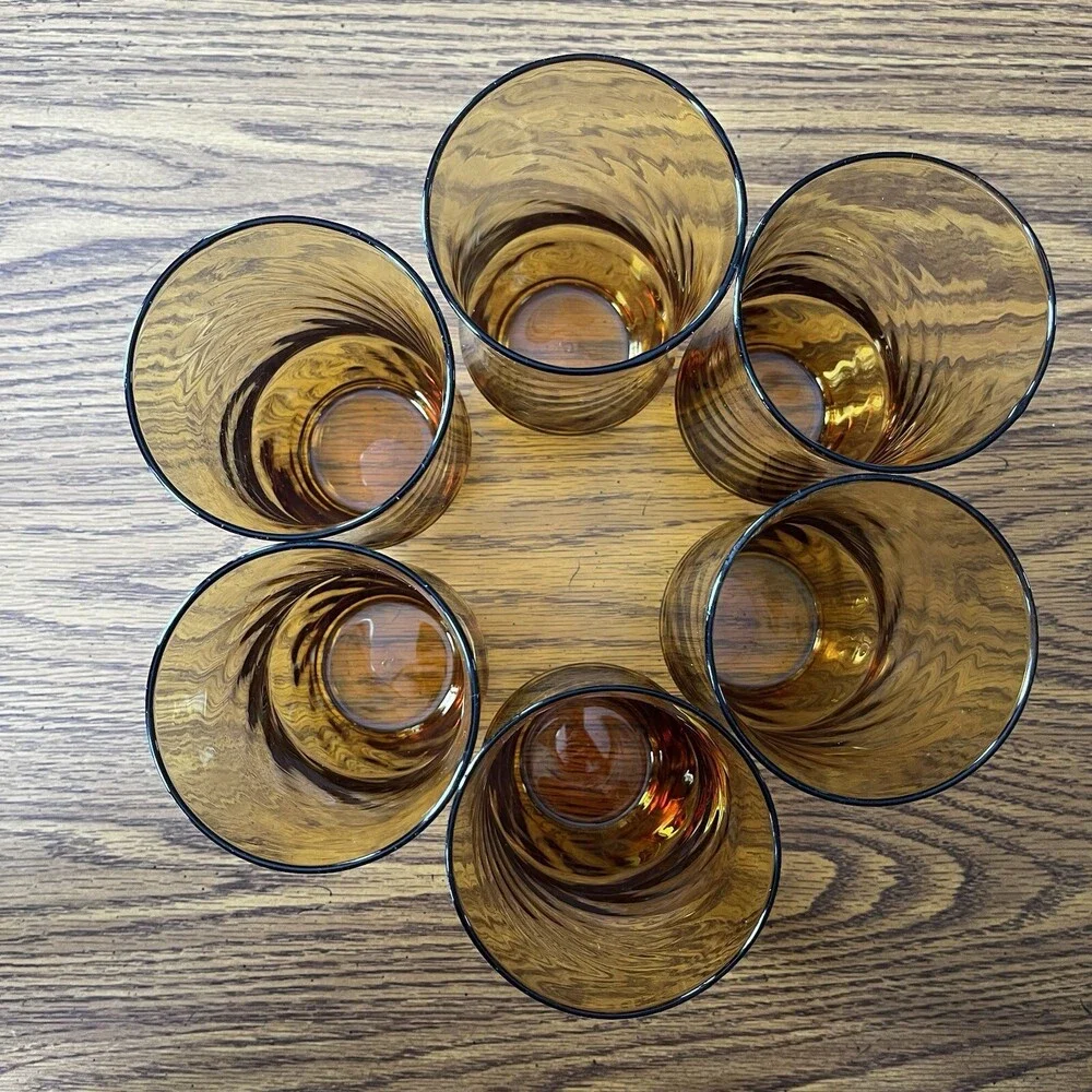VTG Set of 6 Libbey Optic Swirl Tumblers Amber Honey Gold 7” Iced Tea Glasses